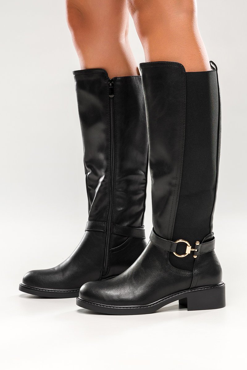 Czarne kozaki damskie przed kolano na klocku w cholewce guma ozdobna sprzączka casu hq362-40