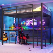 Łóżka dla dzieci i młodzieży - Łóżko piętrowe 140 x 200 cm z diodami LED i biurkiem - Metalowe - Porty USB + typ C i 2 gniazdka - Czarne (materac nie jest wliczony w cenę) - miniaturka - grafika 1