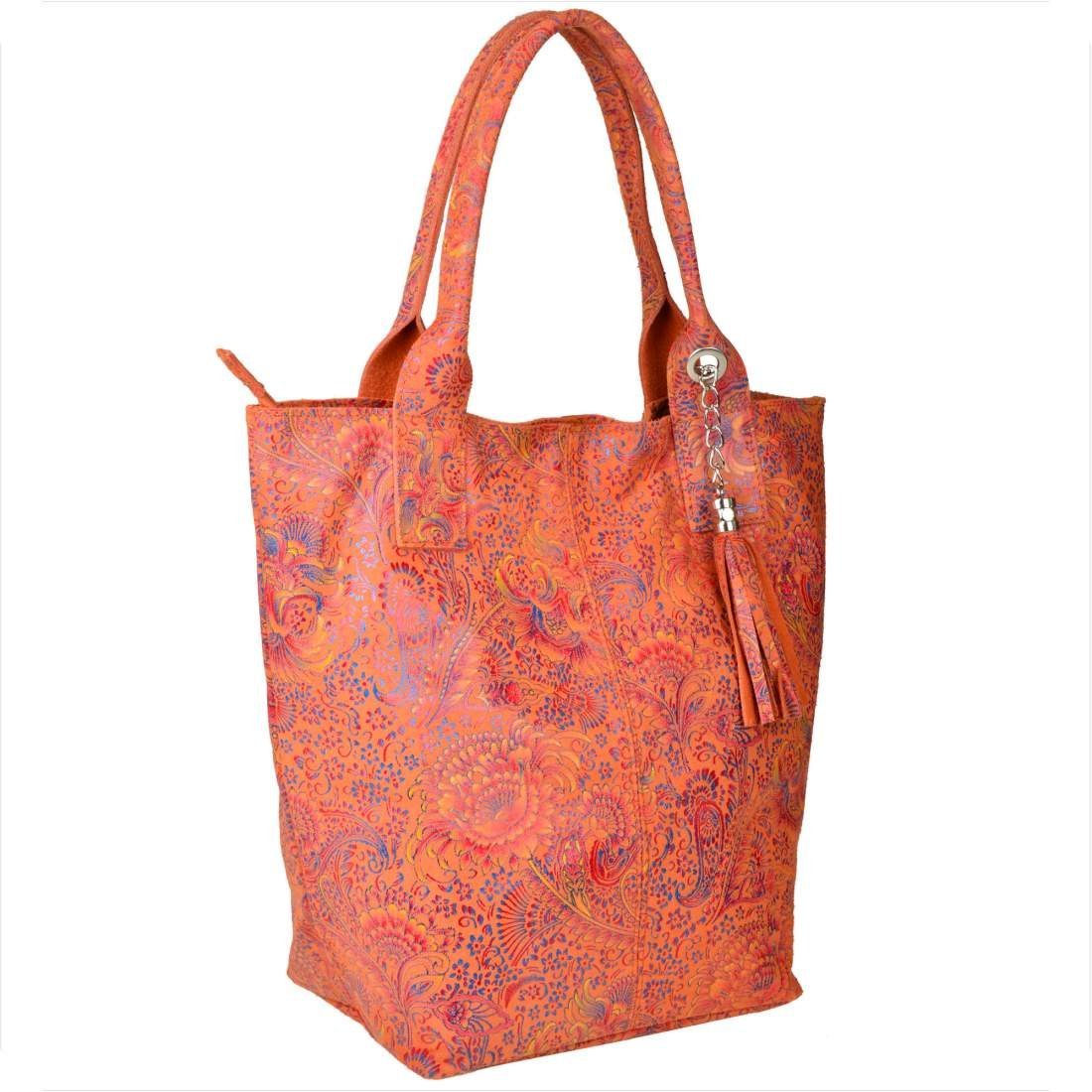 Torba worek skóra naturalna pomarańczowa wzór kwiaty Borse in Pelle