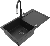 Zlewozmywaki z baterią - Mexen Leo zlewozmywak granitowy 1-komorowy z ociekaczem i baterią kuchenną Savita, czarny/srebrny metalik - 6501-73-672601-70-B - miniaturka - grafika 1