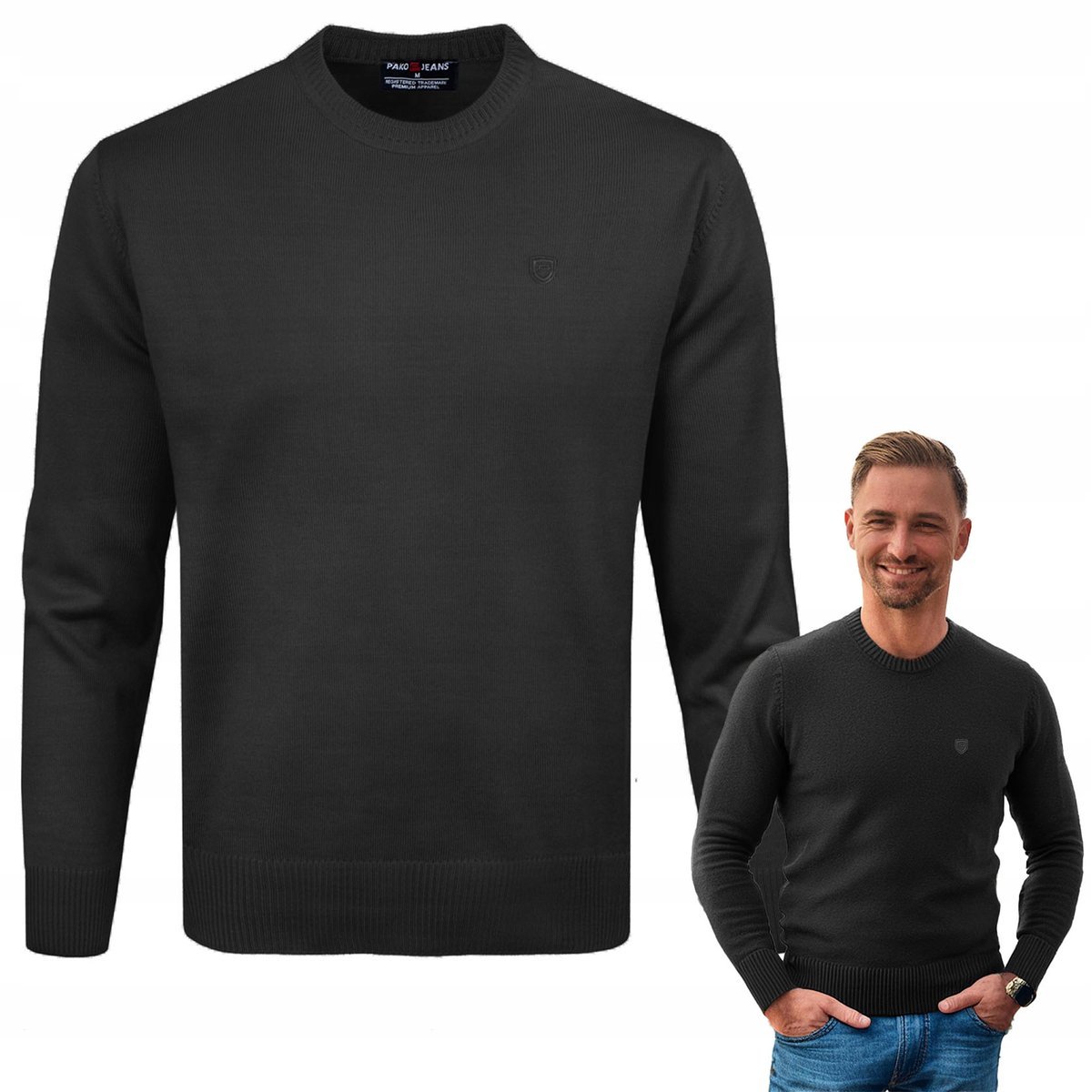 SWETER Męski Klasyczny BASIC Gładki CZARNY XXL Pako Jeans