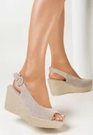 Sandały damskie - Ciemnobeżowe Sandały na Brokatowym Koturnie ze Sprzączką i Skórzaną Wkładką Chera - miniaturka - grafika 1