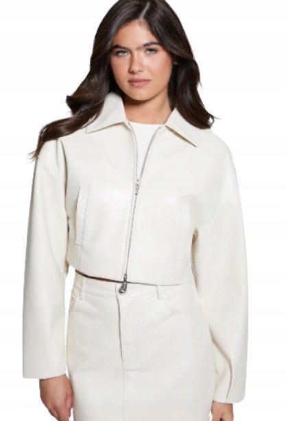 GUESS KRÓTKA KURTKA DAMSKA Z ZAMKIEM GŁADKA ECRU S GMA