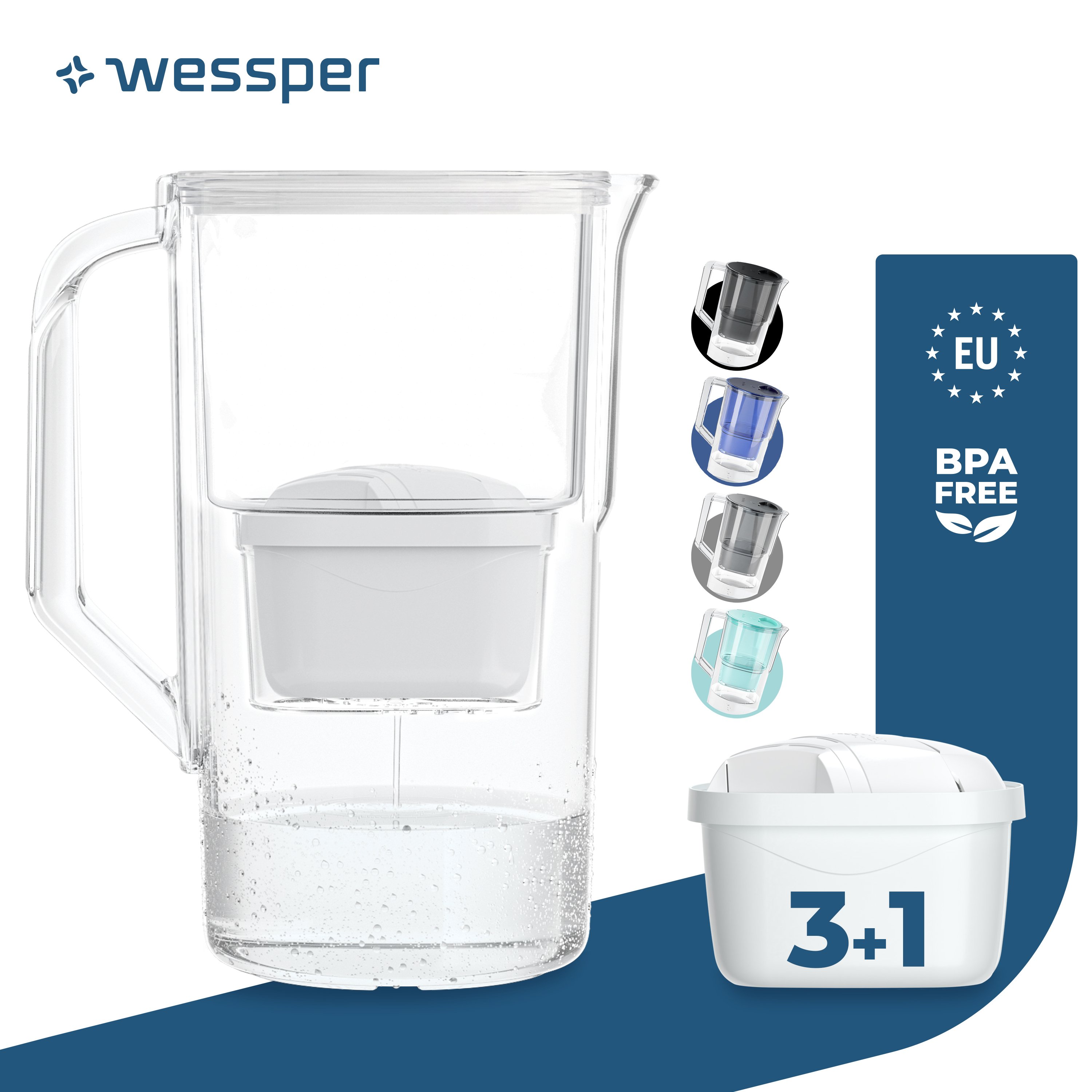 Wessper Dzbanek filtrujący wodę 2,8 l kompatybilny z Brita Maxtra, system filtrujący wodę redukujący kamień, chlor + 4x filtry do wody biały