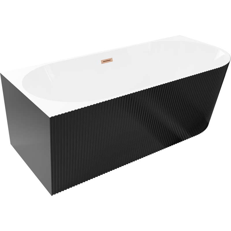 Mexen Silo wanna wolnostojąca narożna lewa ryflowana 150 x 75 cm, biała/czarna, przelew miedź szczotkowana - 52891507575L-65