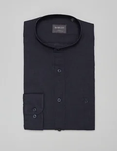 Lniana koszula lentane ze stójką 00478 długi rękaw granatowy slim fit - Koszule męskie - miniaturka - grafika 1
