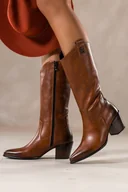 Kozaki damskie - Brązowe kozaki skórzane damskie kowbojki na szerokim ściętym klocku stalowa ozdoba PRODUKT POLSKI Casu 29844 - miniaturka - grafika 1