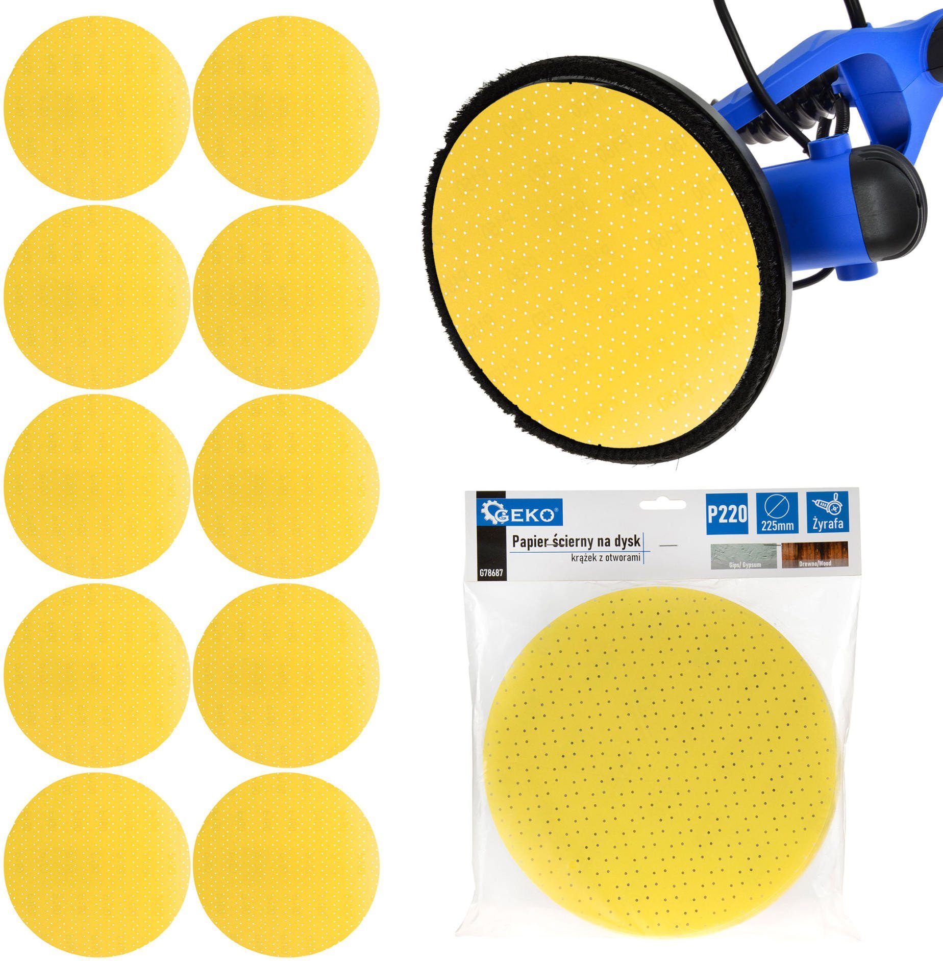 Geko Papier ścierny na dysk – krążek z otworami 225mm P220 /żyrafa/ 10/100/500