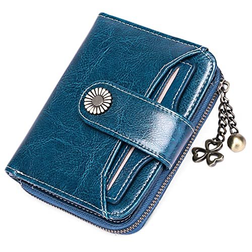 GOIACII Portfel dla kobiet, skórzany, mały, blokujący RFID, podwójnie składany, kieszeń na karty z okienkiem na dowód osobisty, A01 Peacock Blue, S, klasyczny
