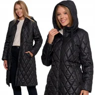 Kurtki damskie - MODNA KURTKA DAMSKA DŁUGA PIKOWANA PŁASZCZ Z KAPTUREM NA JESIEŃ MORAJ L BLACK - miniaturka - grafika 1