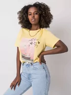 Koszulki i topy damskie - T-shirt z nadrukiem żółty dekolt okrągły - miniaturka - grafika 1