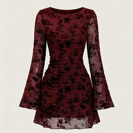 Sukienki - TEMU Elegancka Mini Sukienka Damska z Tiulowymi i Siatkowymi Rękawami Dzwonkowymi - Jednokolorowy Okrągły Dekolt Krótki Top T-Shirt, Pranie Maszynowe - miniaturka - grafika 1