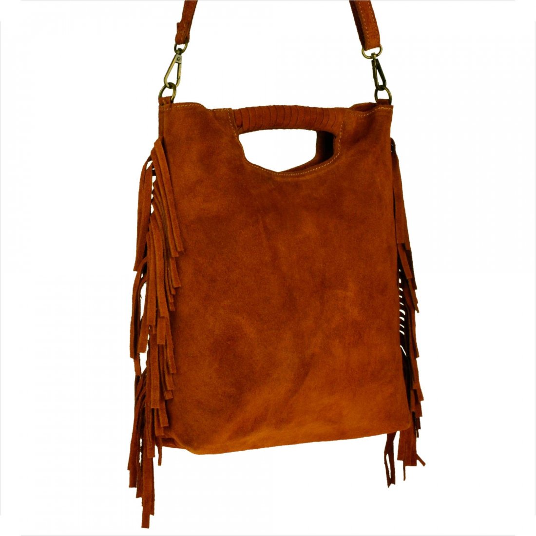 Lekka zamszowa torebka na ramię ozdobnymi frędzlami camel