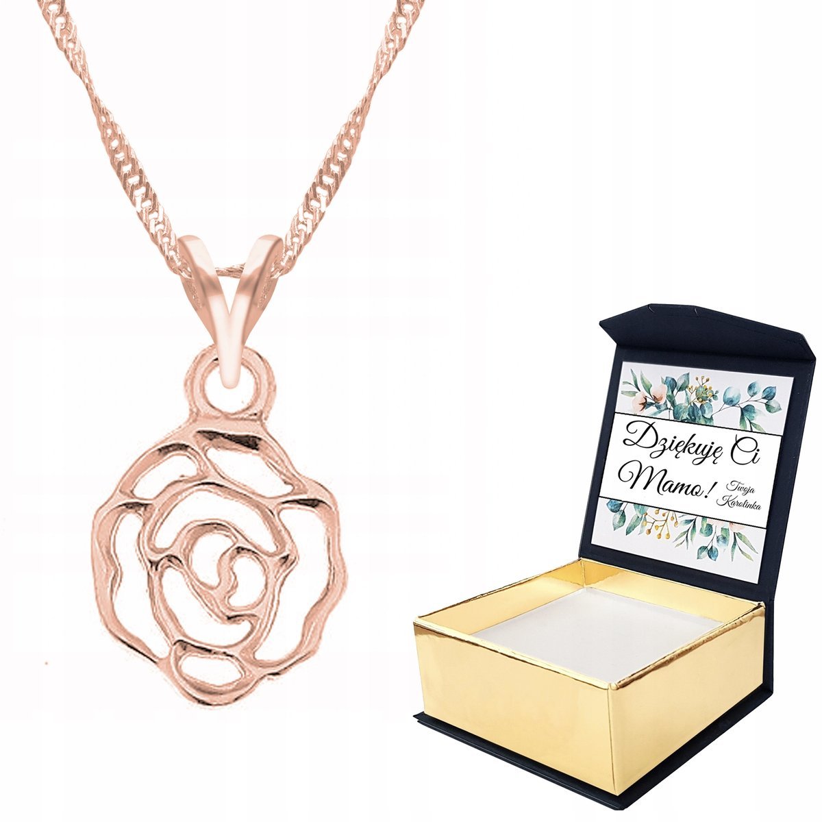 Naszyjnik różowe złoto Róża Kwiat + WŁASNY NADRUK
