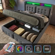 Łóżka - Łóżko tapicerowane 180x200 cm, łóżko dwuosobowe, łóżko hydrauliczne z drewnianym stelażem i metalową ramą, szare, bawełniane (bez materaca) - miniaturka - grafika 1