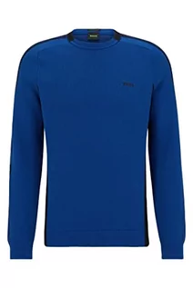 Swetry męskie - BOSS Rinos sweter męski z mieszanki bawełny z logo w paski, niebieski, XXL - grafika 1