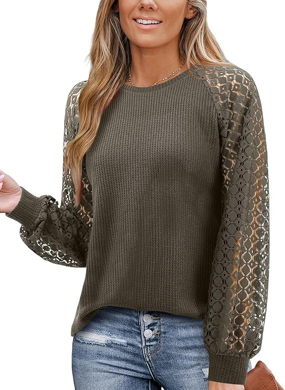 Koszulka Damska Sweter z Koronką Długi Rękaw Elegancka Bluzka Zielona M