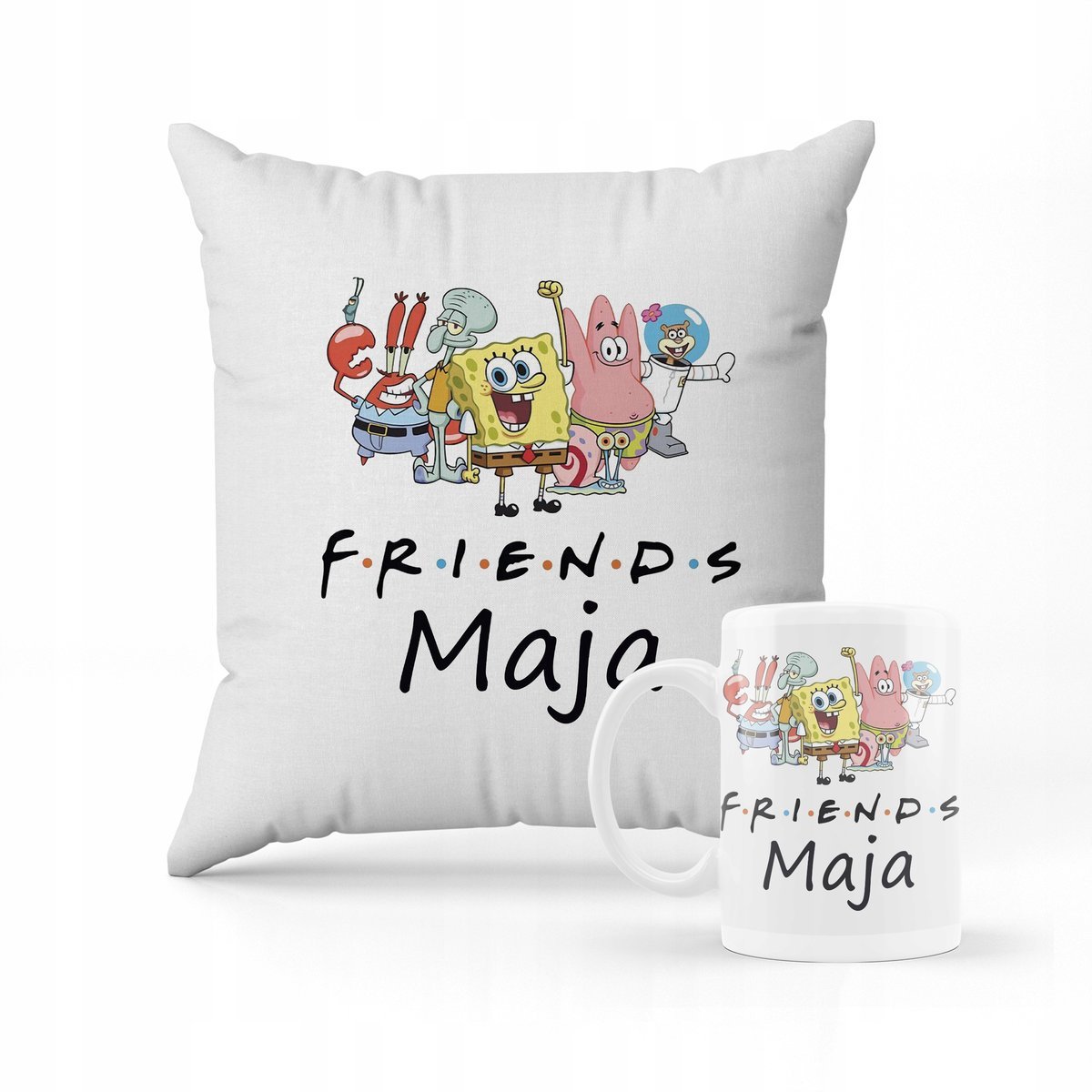 ZESTAW PODUSZKA + KUBEK Prezent Spongebob bajka + IMIĘ