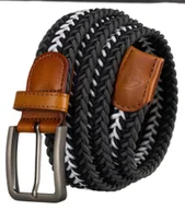Paski - Parciany pasek męski szary czarny biały z brązowym wykończeniem PETERSON elastyczny pleciony bez dziurek klasyczna klamra 110 - miniaturka - grafika 1