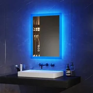 Lustra - EMKE Niebieskie nastrojowe podświetlane lustro łazienkowe z gniazdem golarki, 450 x 600 mm, łazienkowe lustro LED z głośnikiem Bluetooth, 3 odcienie kolorów, możliwość przyciemniania pamięci i - miniaturka - grafika 1