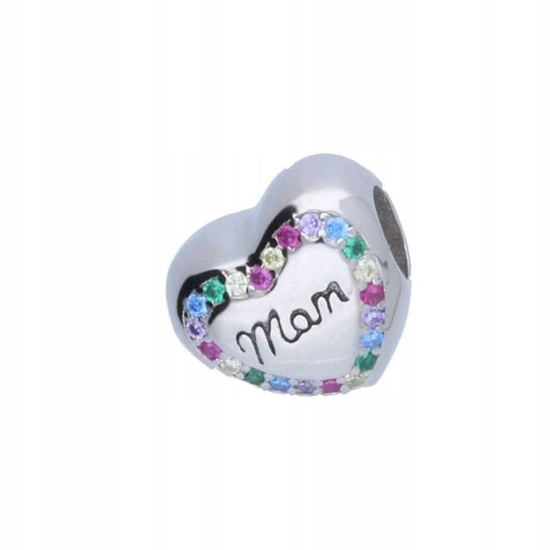 Zawieszka srebrna 925 beads serduszko z kolorowymi cyrkoniami napis MOM