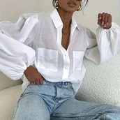 Koszule damskie - TEMU Damska Elegancka Koszula z Długim Rękawem z Szyfonu z Guzikami z Tkaniny, Podwójna Kieszeń z Przodu, Jednokolorowa, Nieelastyczna, - miniaturka - grafika 1