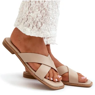 Klapki Damskie Na Płaskim Obcasie Z Eko Skóry S.Barski KV27-002 Beżowe beżowy - Klapki i japonki damskie - miniaturka - grafika 1