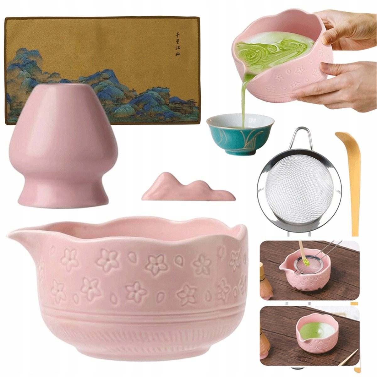 Różowy Zestaw Do Matcha Z Miską 450ML Bambusowa Trzepaczka I Akcesoria