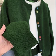 Swetry damskie - TEMU Kardigan w Stylu Vintage z Kolorowymi Guzikami – Miękki Szary Sweter z Okrągłym Dekoltem i Długim Rękawem, Średnio Elastyczny do Warstwowania na - miniaturka - grafika 1