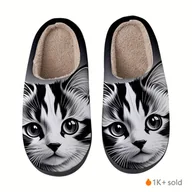Kapcie damskie - TEMU Parę uroczych kobiecych z nadrukiem kota, odpowiednich do wszystkich pór roku, z antypoślizgową podeszwą TPR i pluszową podszewką, idealnych do - miniaturka - grafika 1