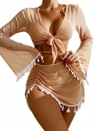 Stroje kąpielowe - DAMSKI 4-CZĘŚCIOWY STRÓJ KĄPIELOWY TOP SPÓDNICZKA FRĘDZLE KOMPLET PLAŻOWY M - miniaturka - grafika 1