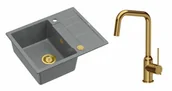 Zlewozmywaki z baterią - Quadron Unique Zlewozmywak granitowy jednokomorowy 62*50*22 cm z ociekaczem MORGAN 116 SILVER STONE z syfonem Push-2-Open w kolorze złotym z baterią NATALIE Q LINE kolor złoty - miniaturka - grafika 1