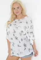 Bluzki damskie - Biało-Szara Bluzka z Krótkim Rękawem w Kwiaty Neitta - miniaturka - grafika 1