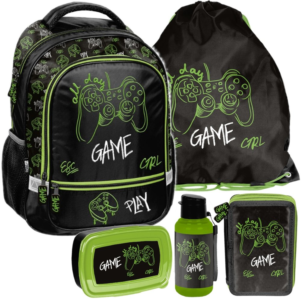 Plecak szkolny dla chłopca tornister Game czarny zielony Zestaw do szkoły