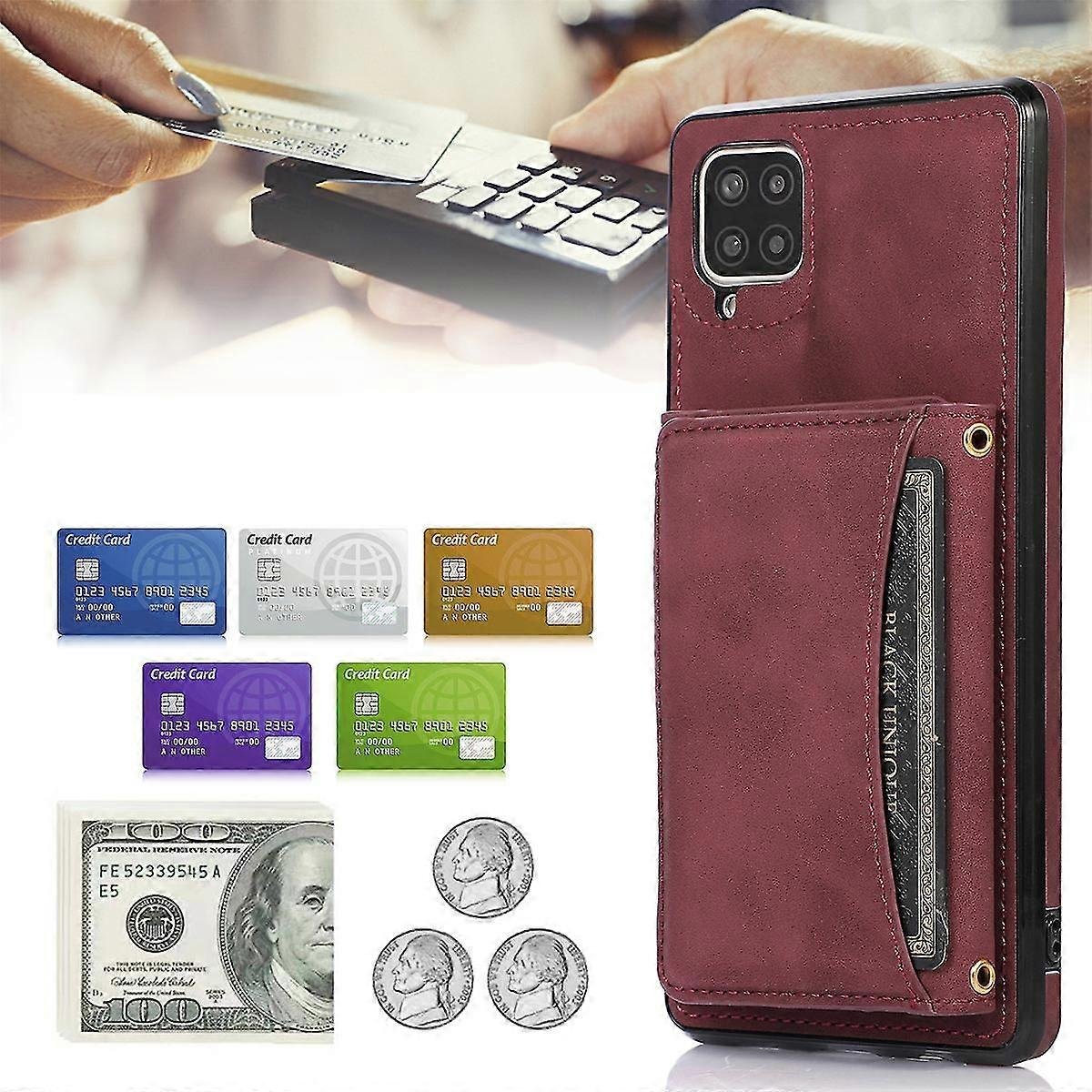 Skórzane etui-portfel Samsung Galaxy A42 5G z uchwytem na karty i podpórką,, odporna na wstrząsy osłona Czerwony