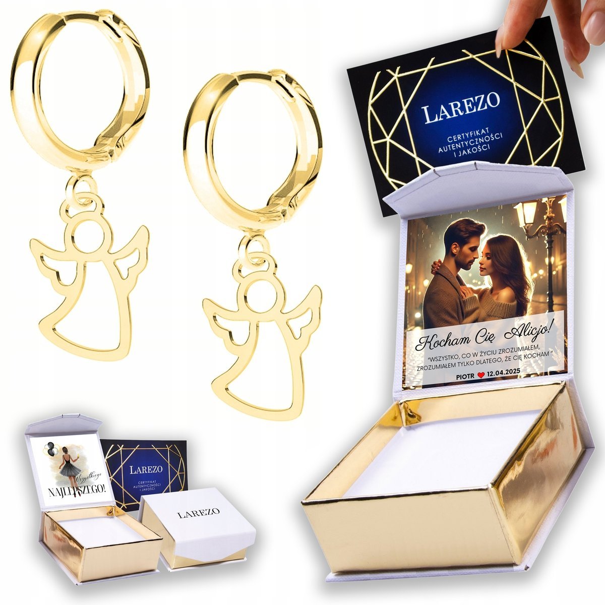 Złote Kolczyki 925 z Aniołkami Anioły Aniołki Angel Chłopiec NADRUK