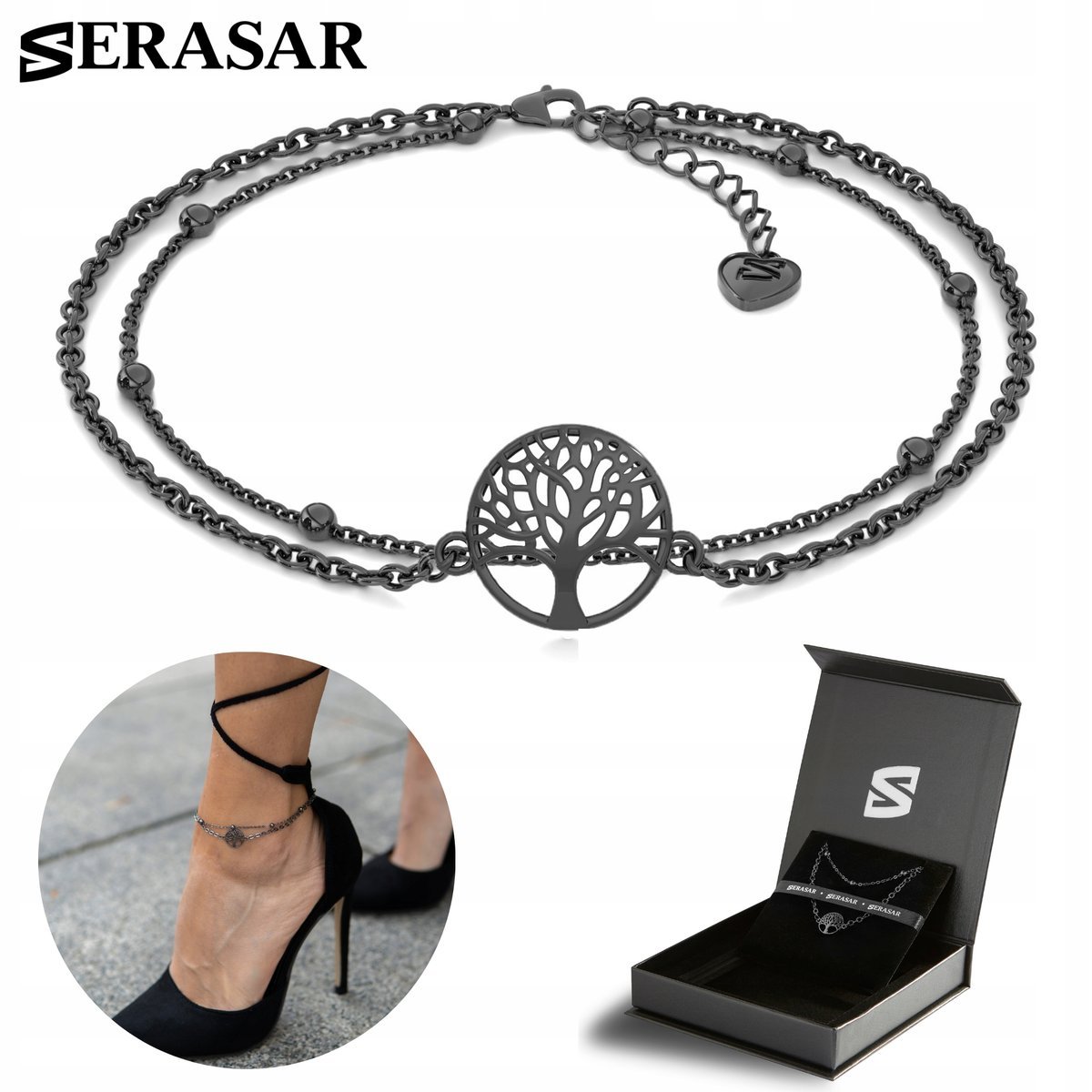 SERASAR, bransoletka na kostkę ze srebra próby 925 dla kobiet „Life” z powłoką z 18-karatowego złota, regulowana długość, kolor czarny, w zestawie p..