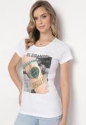 Koszulki i topy damskie - Biały Bawełniany T-shirt z Prostokątnym Nadrukiem i Brokatem Silpa - miniaturka - grafika 1