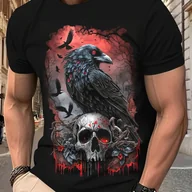 Koszulki męskie - TEMU Męska koszulka z grafiką wróbla gotyckiego - czarna, casualowa koszulka z krótkim rękawem z krwawym wzorem czaszki, ciemna estetyka na letni - miniaturka - grafika 1