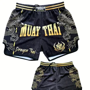 TEMU Spodenki do Muay Thai z Złotym Smokiem i Odważnym Napisem - Wysokoelastyczne, Szybkoschnące Spodenki Miecznicze, Regulowany Pas ze Sznurowaniem - Kimona, stroje i obuwie - miniaturka - grafika 1