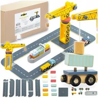 Samochody i pojazdy dla dzieci - Drewniany dźwig zabawka żuraw dla dzieci port morski statek kontenery - miniaturka - grafika 1