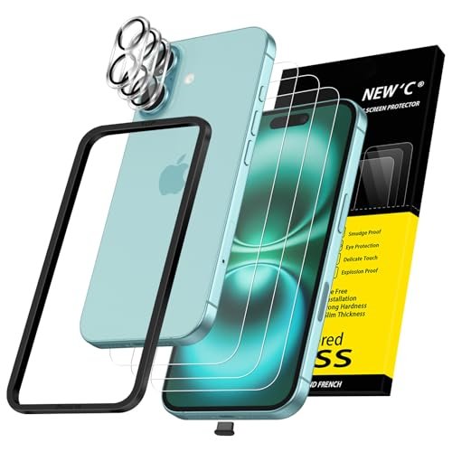 NEW'C 3 x Ochraniacz Ekranu do iPhone 16 (6,1 cala) i 3 x Osłona ekranu aparatu - Odporne na zarysowania - Ultra odporne - Szkło o twardości 9H - Zawiera narzędzie ułatwiające montaż