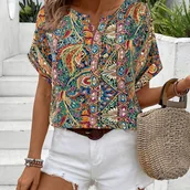 Koszule damskie - TEMU Damska letnia bluzka z dekoltem w kształcie litery V, odkryte ramiona, luźny kształt, nadruk boho - kolorowy wzór geometryczny, krótkie rękawy, - miniaturka - grafika 1