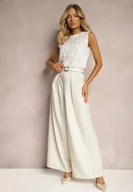 Spodnie damskie - Jasnobeżowe Szerokie Spodnie w Stylu Palazzo z Paskiem Detalia - miniaturka - grafika 1