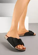 Klapki i japonki damskie - Czarne Klapki na Korkowej Podeszwie z Ozdobnym Wiązaniem z Kokardą Oranell - miniaturka - grafika 1