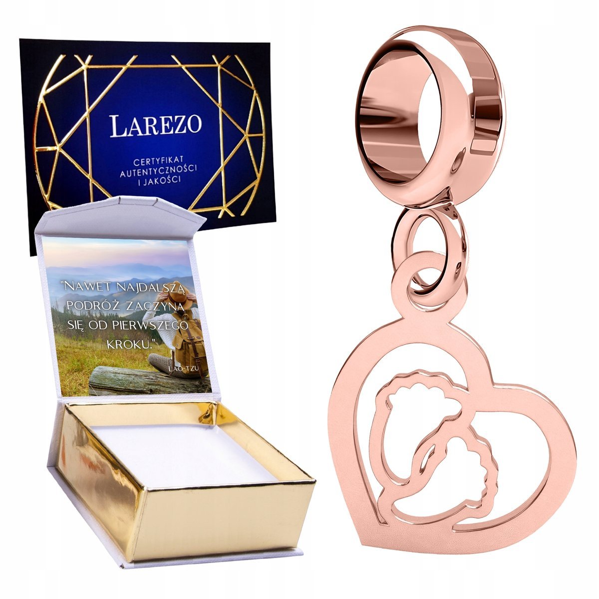 CHARMS POZŁACANY Wiszący Serduszko ze Stópkami Dziecka Serce Stopy + NADRUK