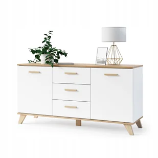Komoda Szafka Rtv 3 Szuflady Drzwi Pojemna Biały Mat Dąb Wotan Scandi 150cm - Komody - miniaturka - grafika 1