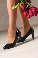 Czółenka - Czarne czółenka damskie Sergio Leone na słupku skórzana wkładka srebrna blaszka na cholewce 8540 - miniaturka - grafika 1