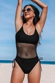 Czarny, siateczkowy, jednoczęściowy kostium kąpielowy modelujący brzuch