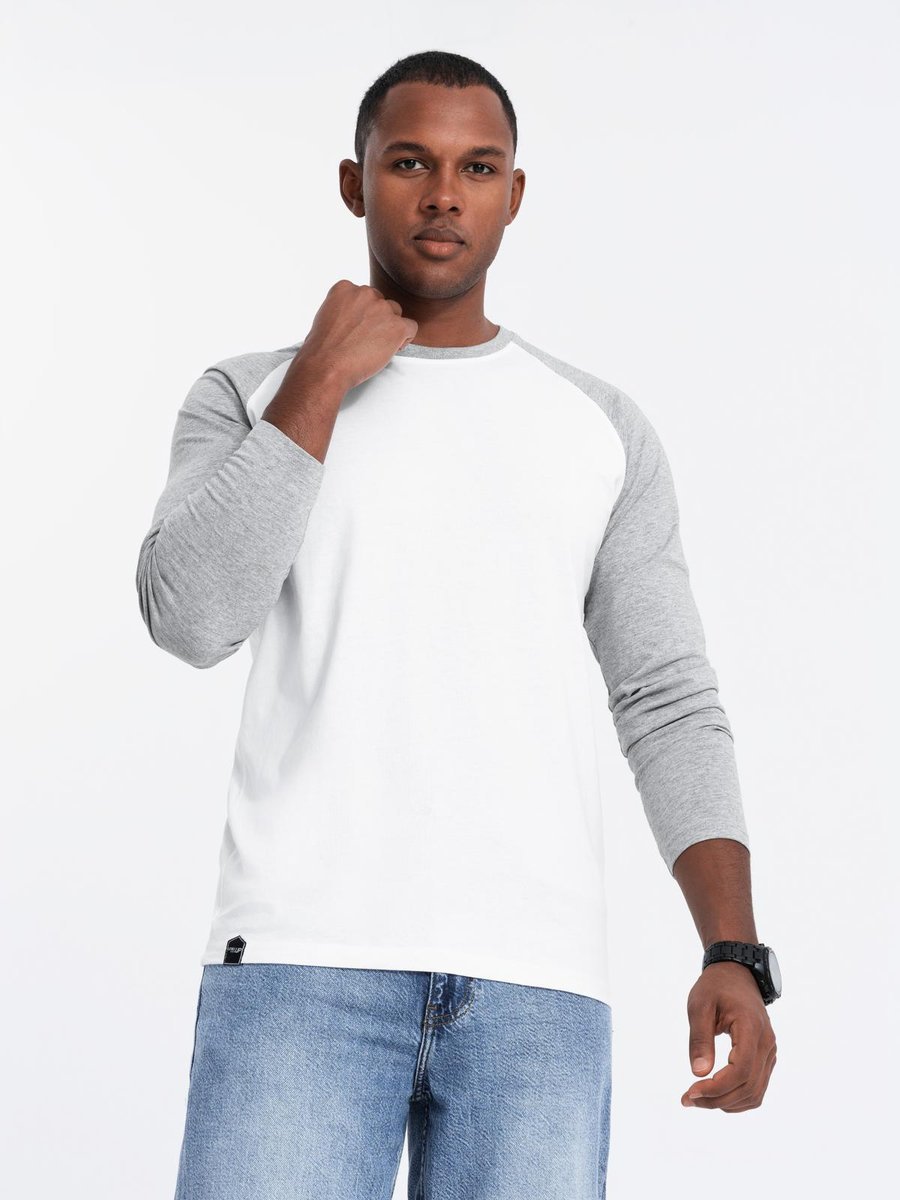 Longsleeve męski wygodny bawełna biało-szary Ombre OM-LSCL-0105 V5 roz. L